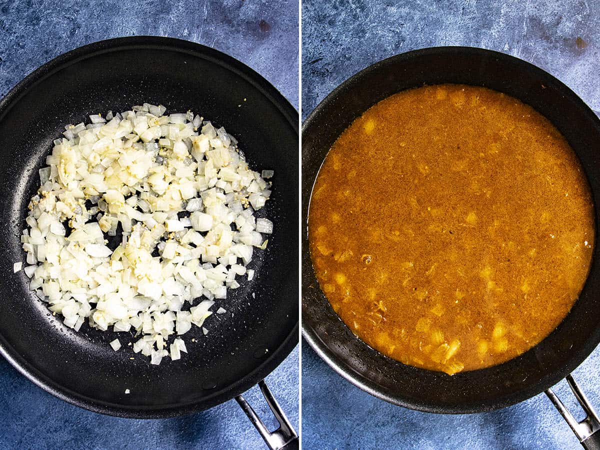 Cooking onions and garlic, then simmering red lentils in a large pan to make Misir Wot (Ethiopian Spicy Red Lentils)
