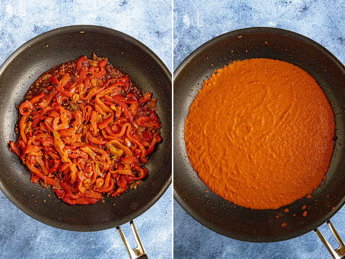Simmering Roasted Red Pepper Sauce in a pan