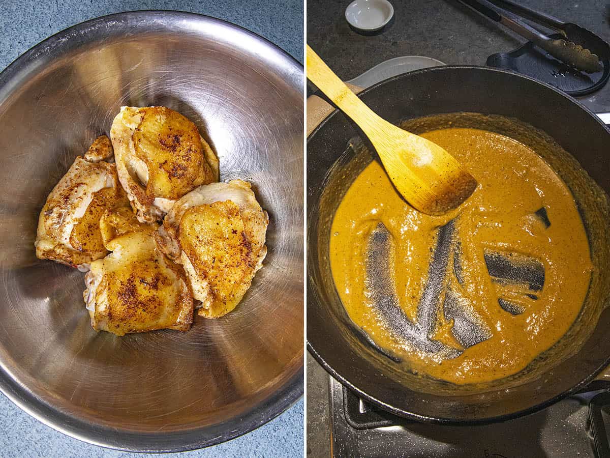 Searching chicken and making a roux in a pot to make Cajun style Chicken Fricassee