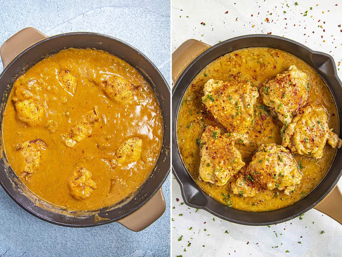Simmering chicken and a rich gravy sauce in a pot to make Cajun style Chicken Fricassee