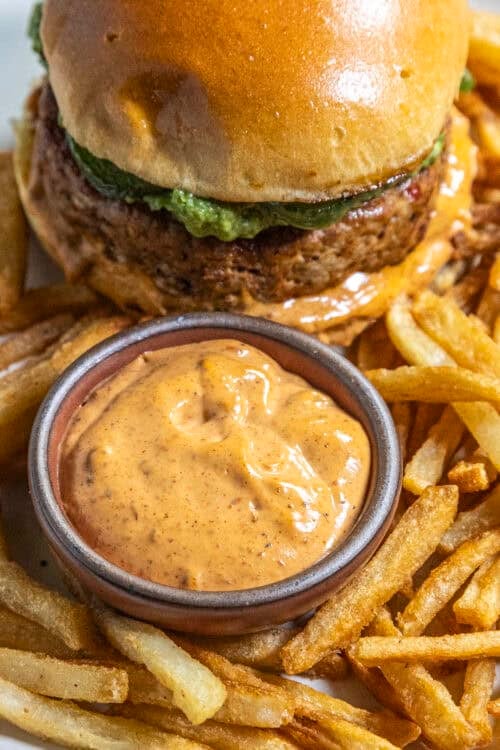 Creamy Chipotle Mayo served with fries and a burger