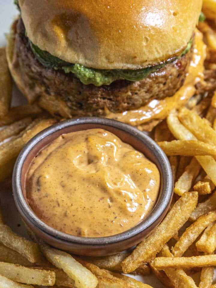 Creamy Chipotle Mayo served with fries and a burger