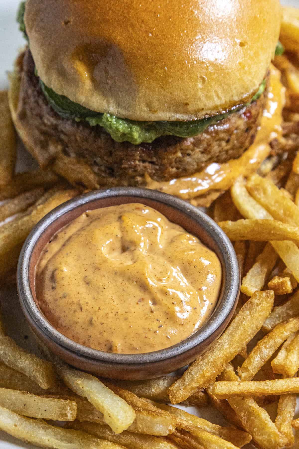 Creamy Chipotle Mayo served with fries and a burger