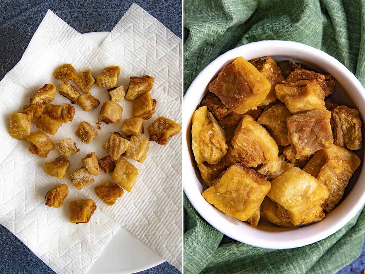 Crispy Homemade Chicharrones just out of the fryer, draining on paper towels