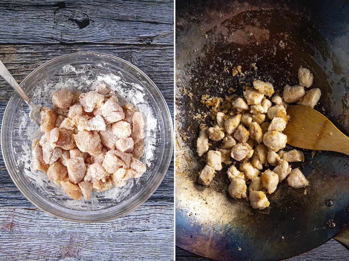 Coating chicken in corn starch and stir frying it in a wok to make General Tsos Chicken