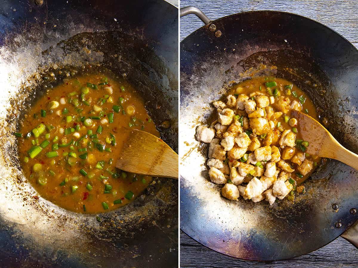 Stir frying General Tsos Chicken in a wok, almost ready to serve