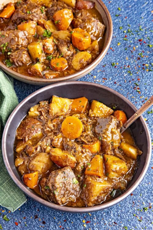 A bowl full of Irish Beef Stew with Guinness