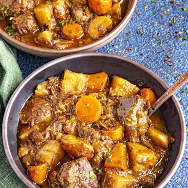 A bowl full of Irish Beef Stew with Guinness