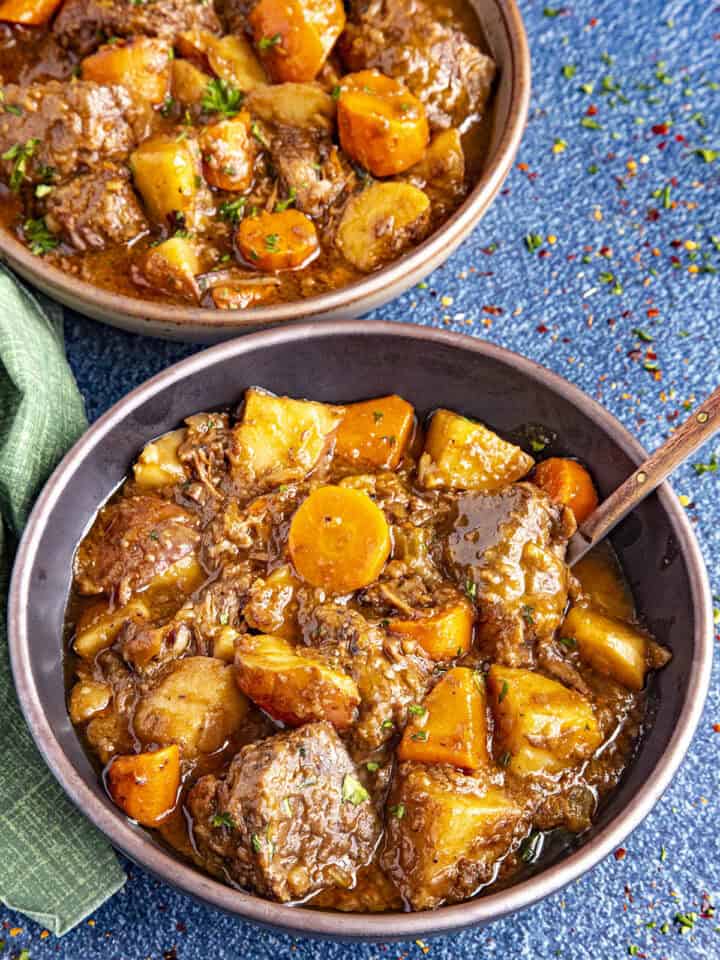 A bowl full of Irish Beef Stew with Guinness