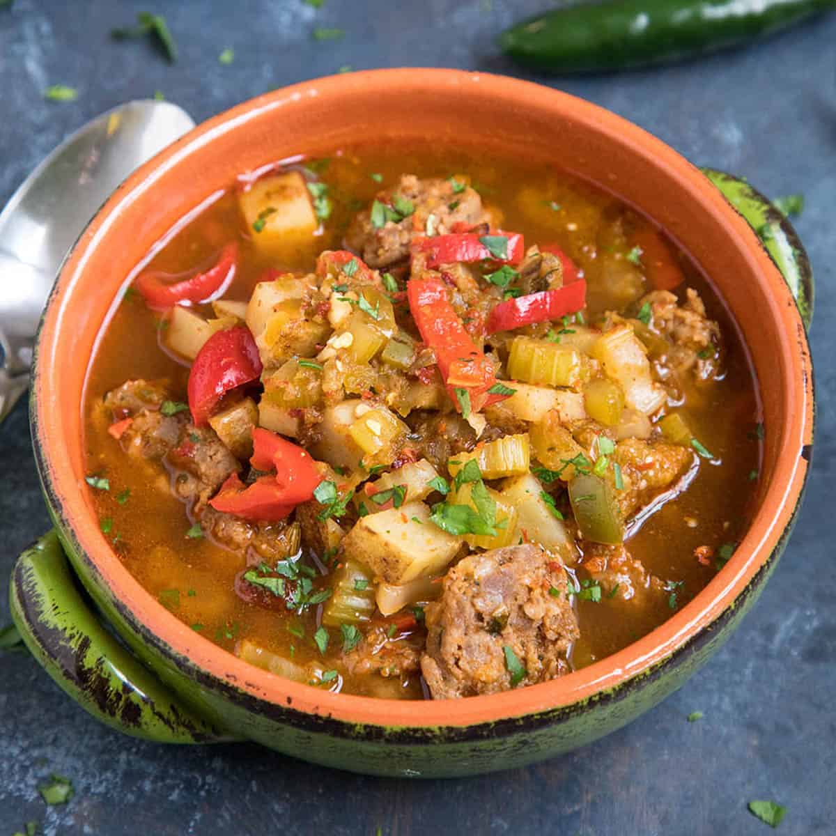 Spicy Sausage Soup with Tomatillos