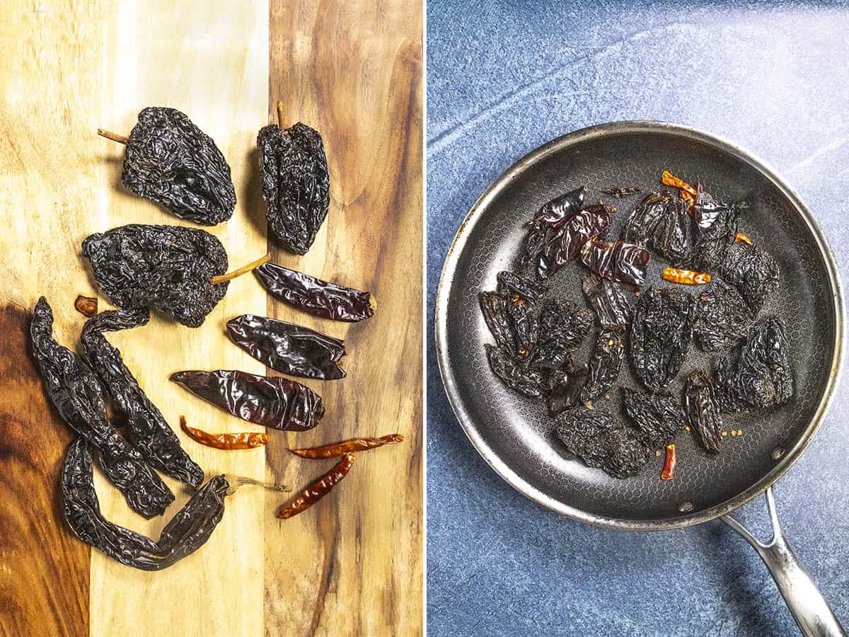 Toasting dried Mexican chilies in a hot pan to make Asado de Puerco