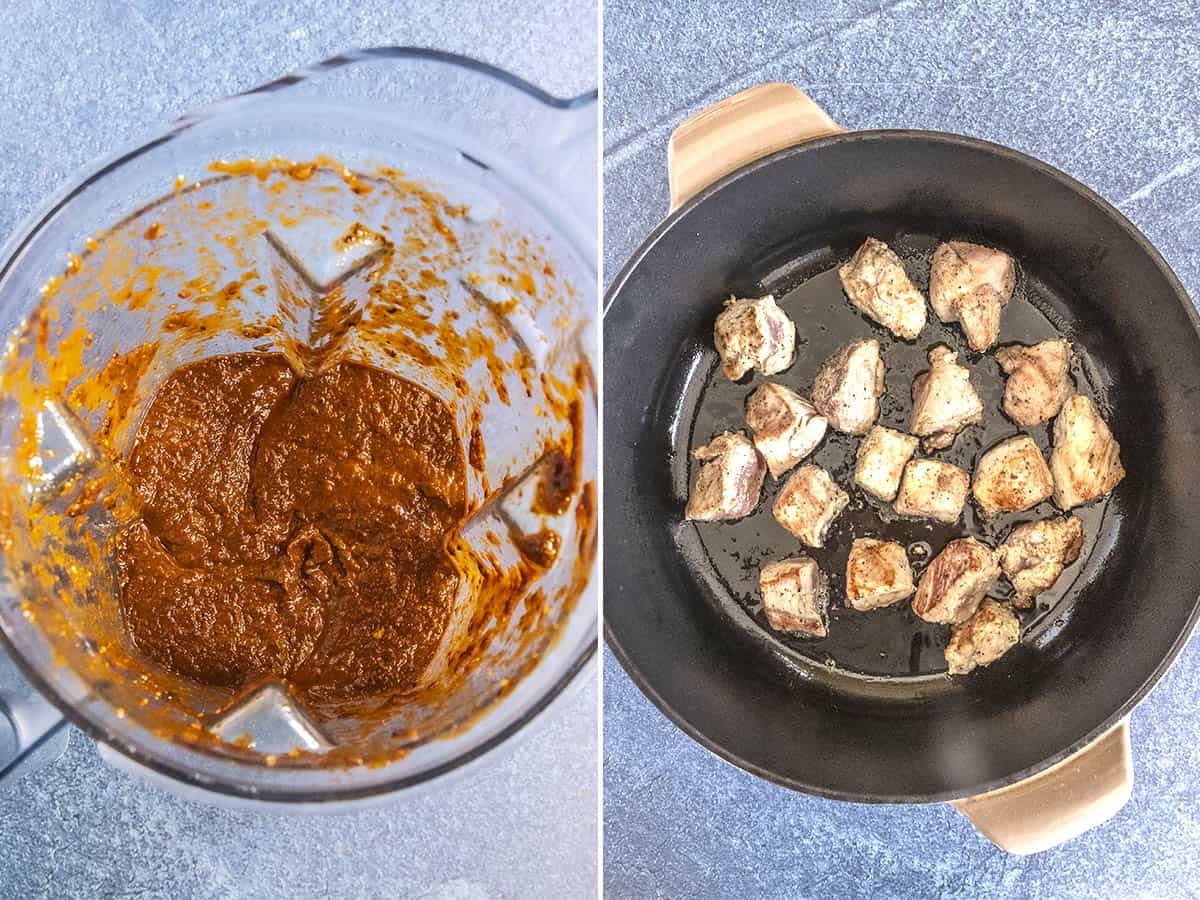 Chili sauce in a blender, and searing pieces of pork in a hot pan to make Asado de Puerco