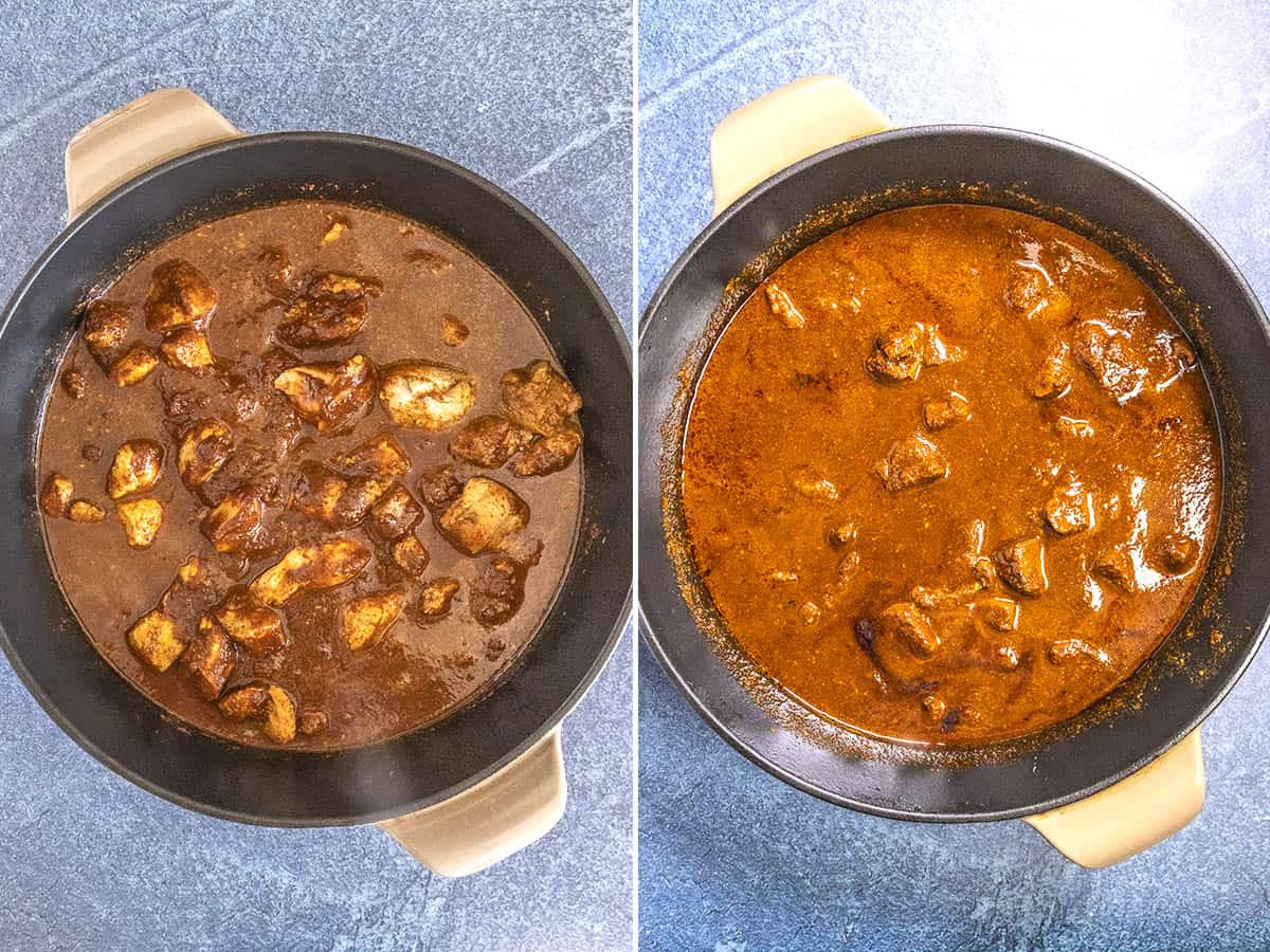 Simmering pieces of pork in a Dutch oven with chili sauce to make Mexican Asado de Puerco