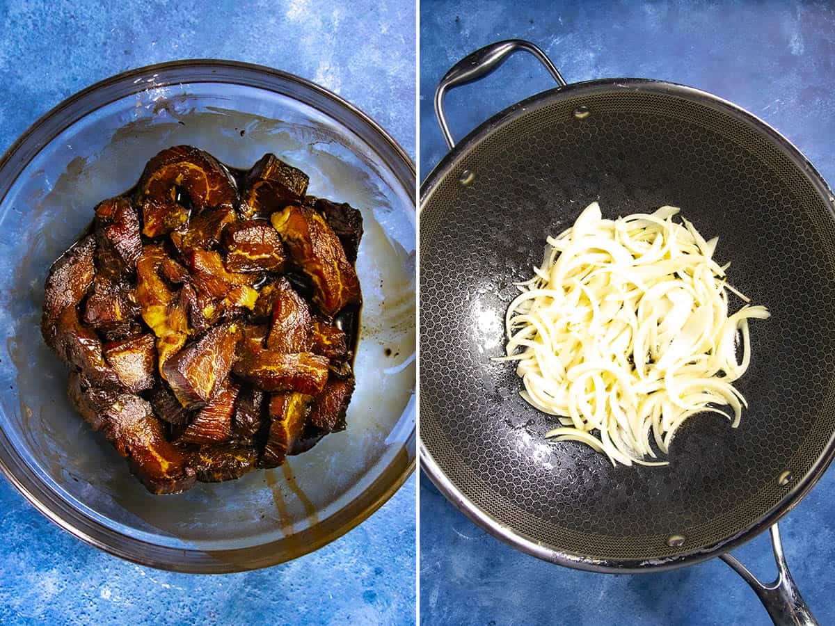 Left: A bowl of marinated beef pieces in a dark sauce, ready to star in a delicious beef chow fun recipe. Right: Sliced onions frying in a black wok on a blue countertop, setting the stage for this classic dish.