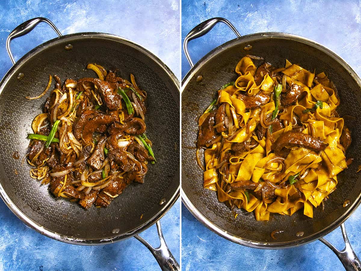 Side-by-side images of a savory stir-fried beef Chow Fun in a pan; the left shows beef, onions, and green onions sizzling away, while the right displays the same with added wide noodles, all set against a blue textured surface.