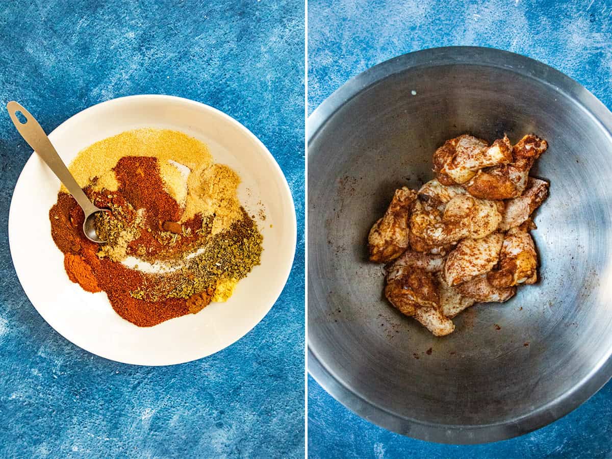Rubbing down a pound of chicken wings in a large bowl with Mike's chicken wing dry rub mix