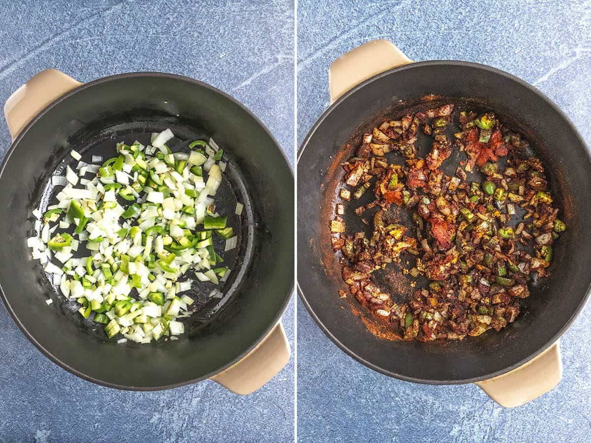 Two side-by-side images in a pot. Left: Chopped onions and peppers are being sautéed. Right: The same mixture is now cooked with added spices and tomato paste, appearing darker and more combined.