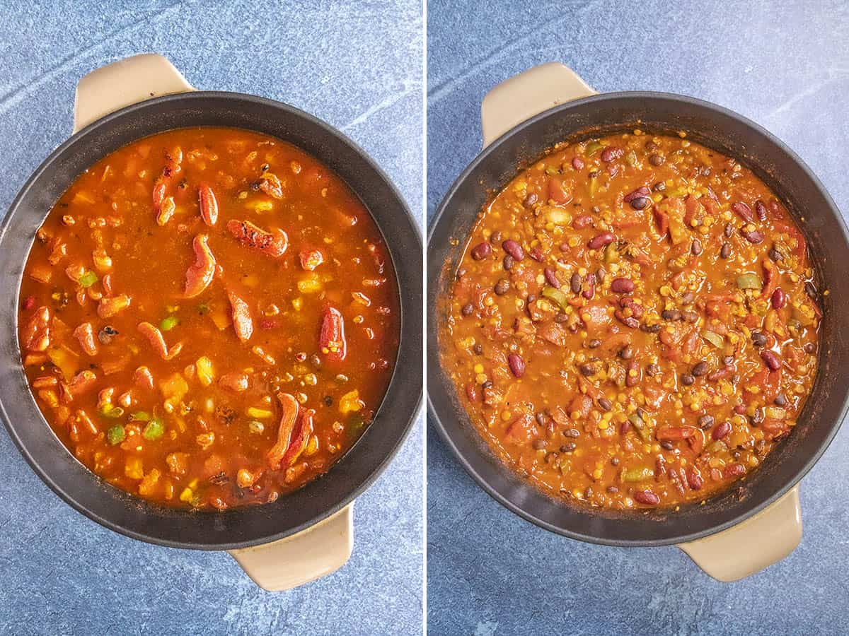 Two pots of lentil chili side by side on a blue countertop. The left pot contains a thick red chili with lentils, kidney beans, tomatoes, and peppers. The right pot contains a similar lentil chili with added beans, creating a heartier texture.