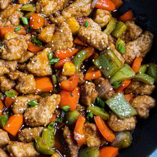 Sweet and Sour Pork in a wok, ready to serve