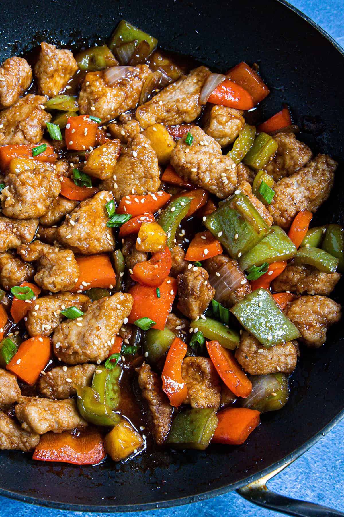Sweet and Sour Pork in a wok, ready to serve