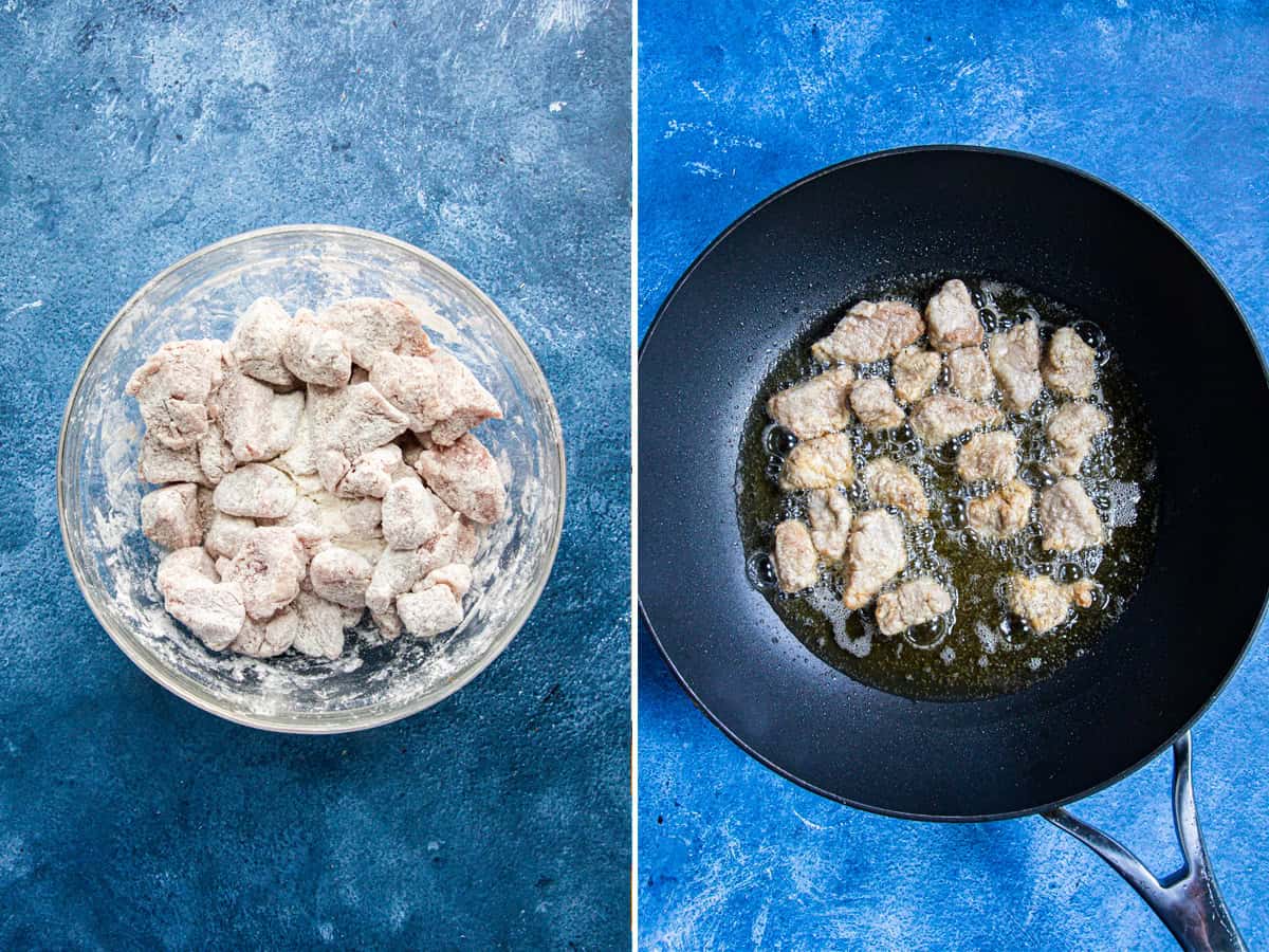 Coating pork in flour and cornstarch, then frying it in a wok to make sweet and sour pork