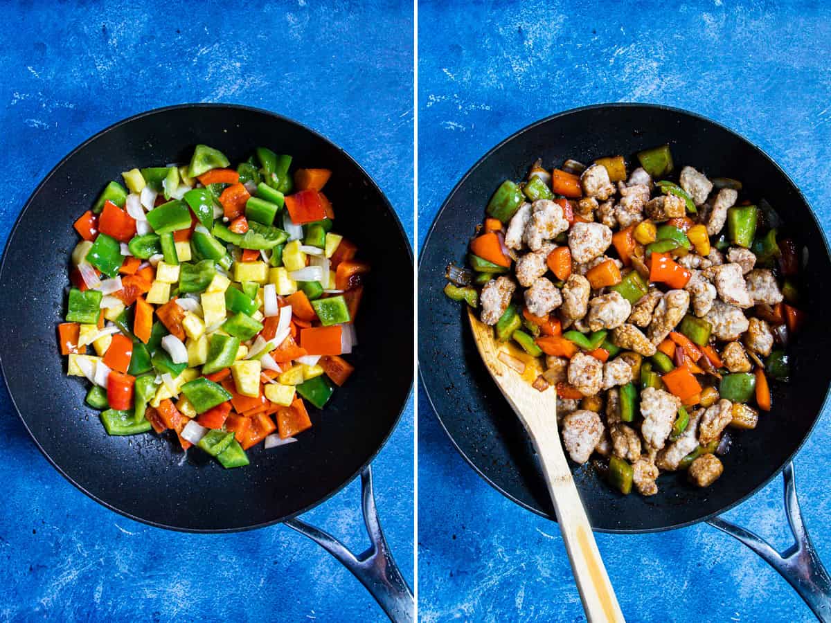 Stir frying vegetables and pork in a wok to make sweet and sour pork