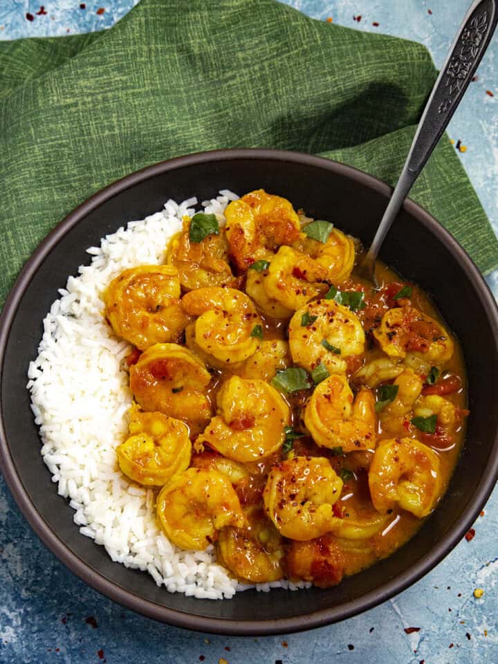 Thai Shrimp Curry served in a bowl with Jasmin rice