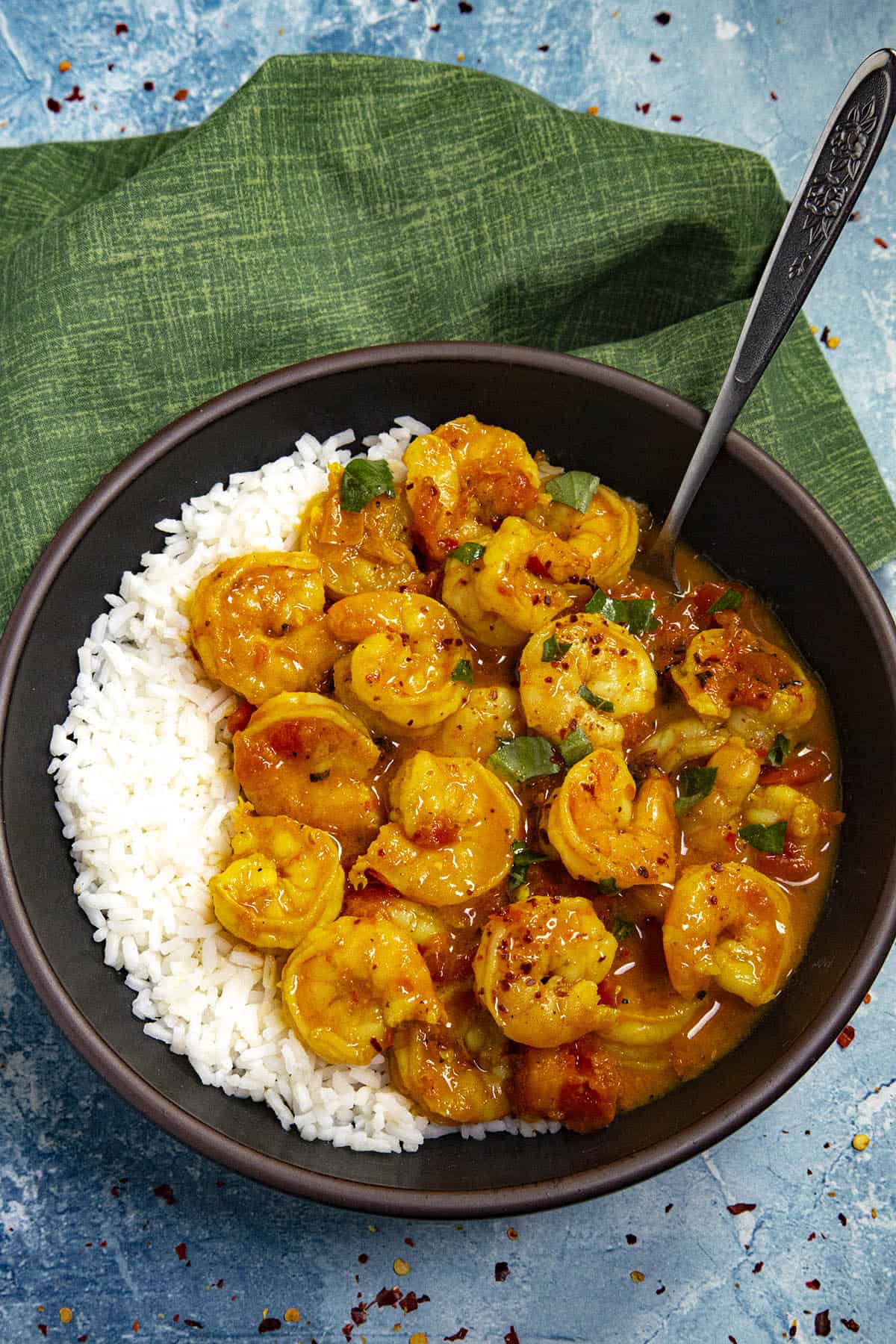 Thai Shrimp Curry served in a bowl with Jasmin rice