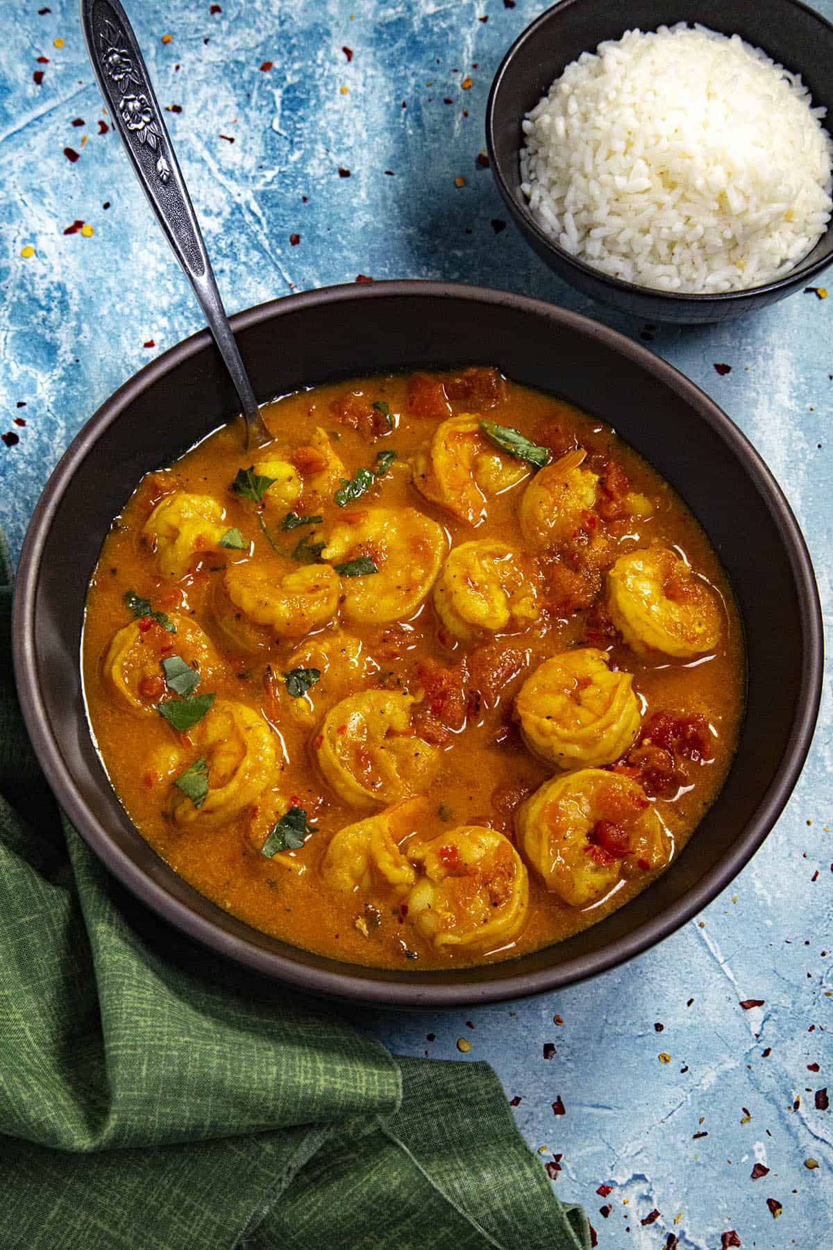 Thai Shrimp Curry served in a bowl with Jasmin rice on the side