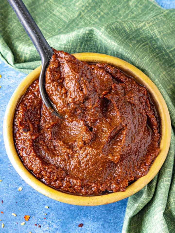 al Pastor Marinade, which is a thick chili paste, on a spoon