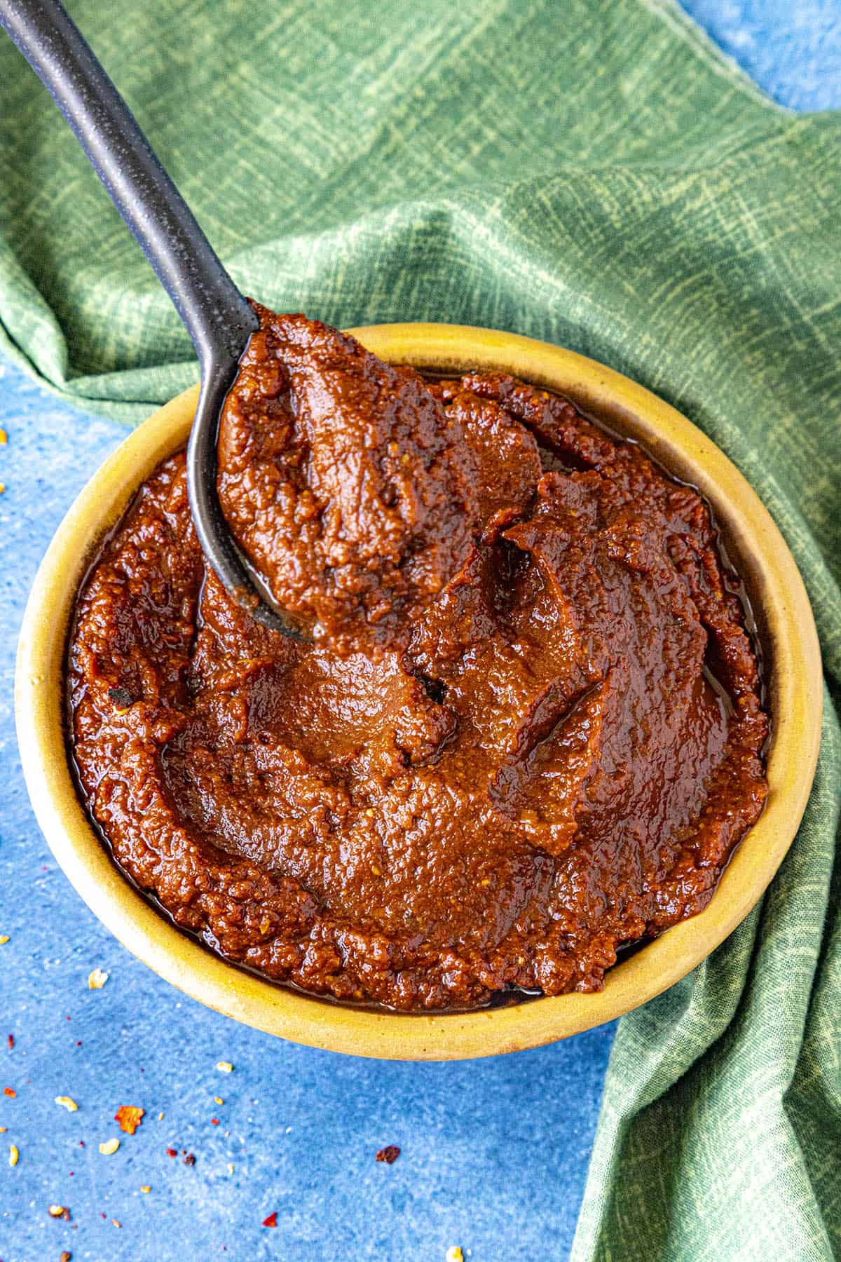 al Pastor Marinade, which is a thick chili paste, on a spoon