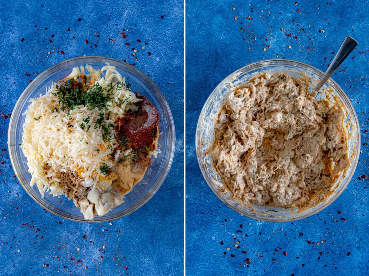 The crab dip recipe ingredients being mixed in a bowl