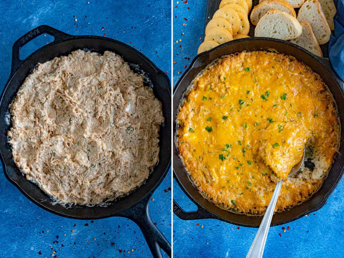 Cold crab dip in a pan, and then baked and served as hot crab dip with crackers and sliced baguettes