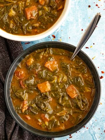 Hearty Creole Gumbo Zherbes (Green Gumbo) in a bowl, ready to serve