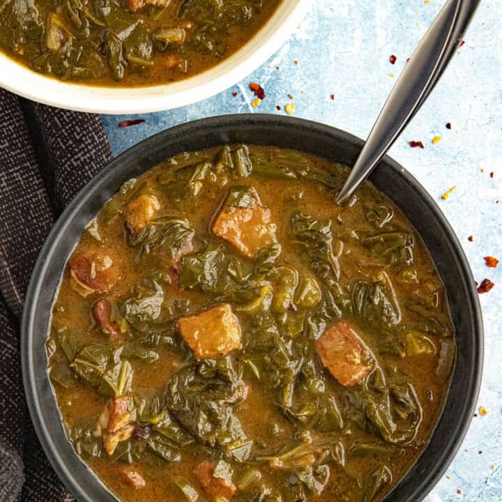 Hearty Creole Gumbo Zherbes (Green Gumbo) in a bowl, ready to serve