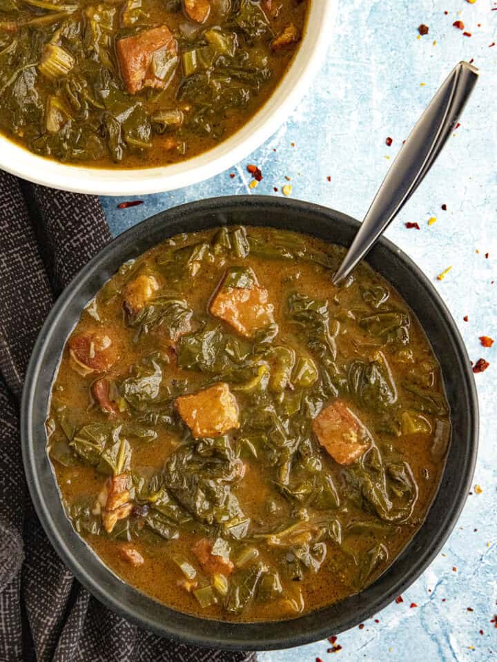 Hearty Creole Gumbo Zherbes (Green Gumbo) in a bowl, ready to serve