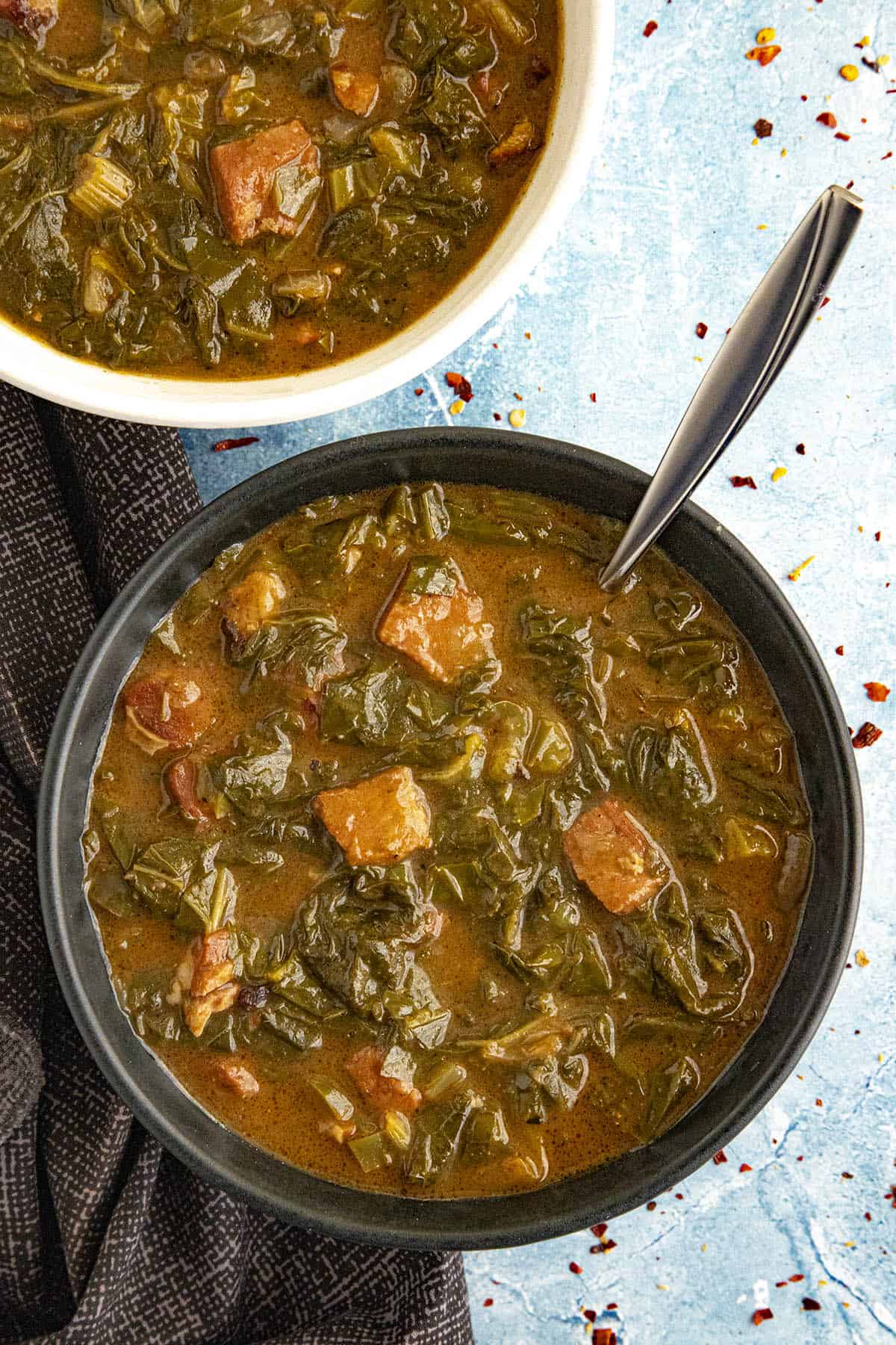 Hearty Creole Gumbo Zherbes (Green Gumbo) in a bowl, ready to serve