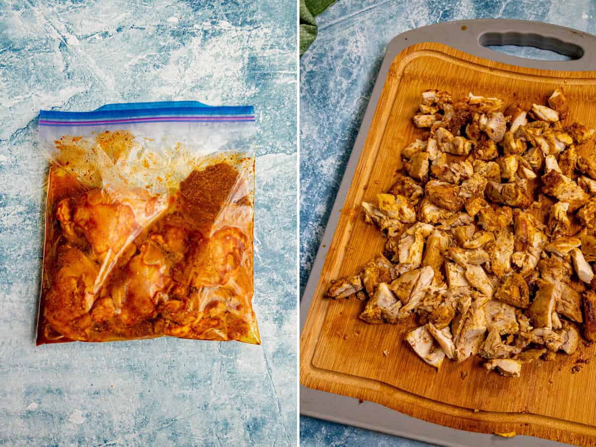 Marinating halal chicken, then chopping the cooked chicken to make Halal Chicken