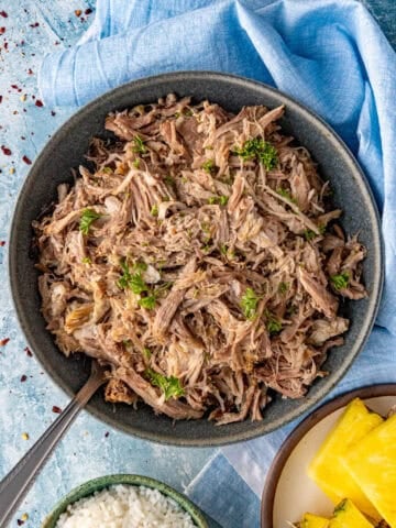 A bowl of smoky Kalua Pork served with white rice and sliced pineapple on the site
