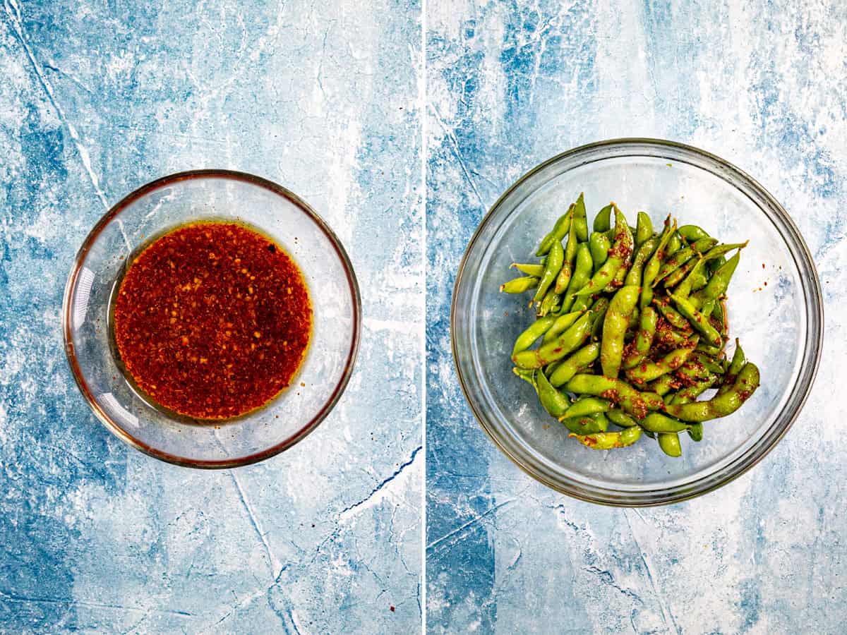 Mixing spicy dressing and mixing with edamame in a bowl to make Spicy Edamame