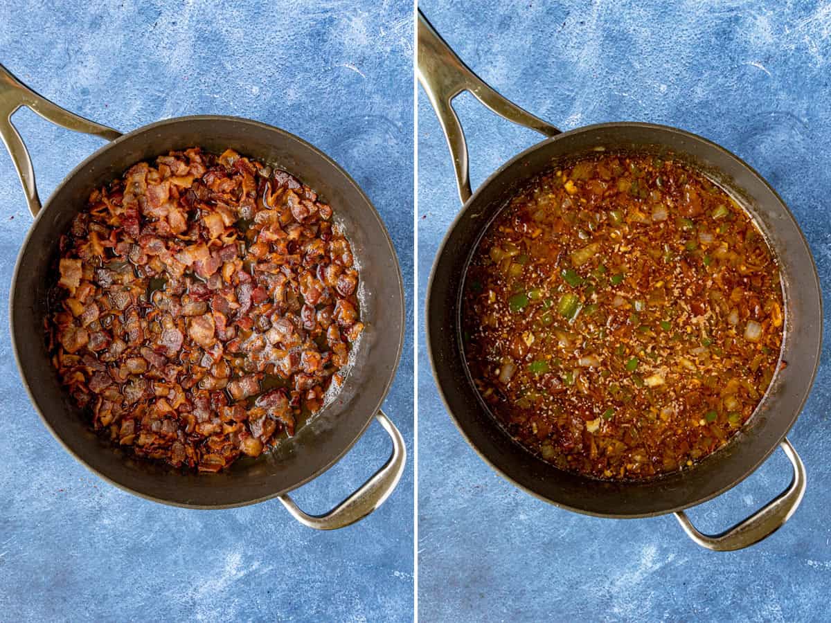 Simmering thick and decadent bacon jam in a pan until nice and gooey