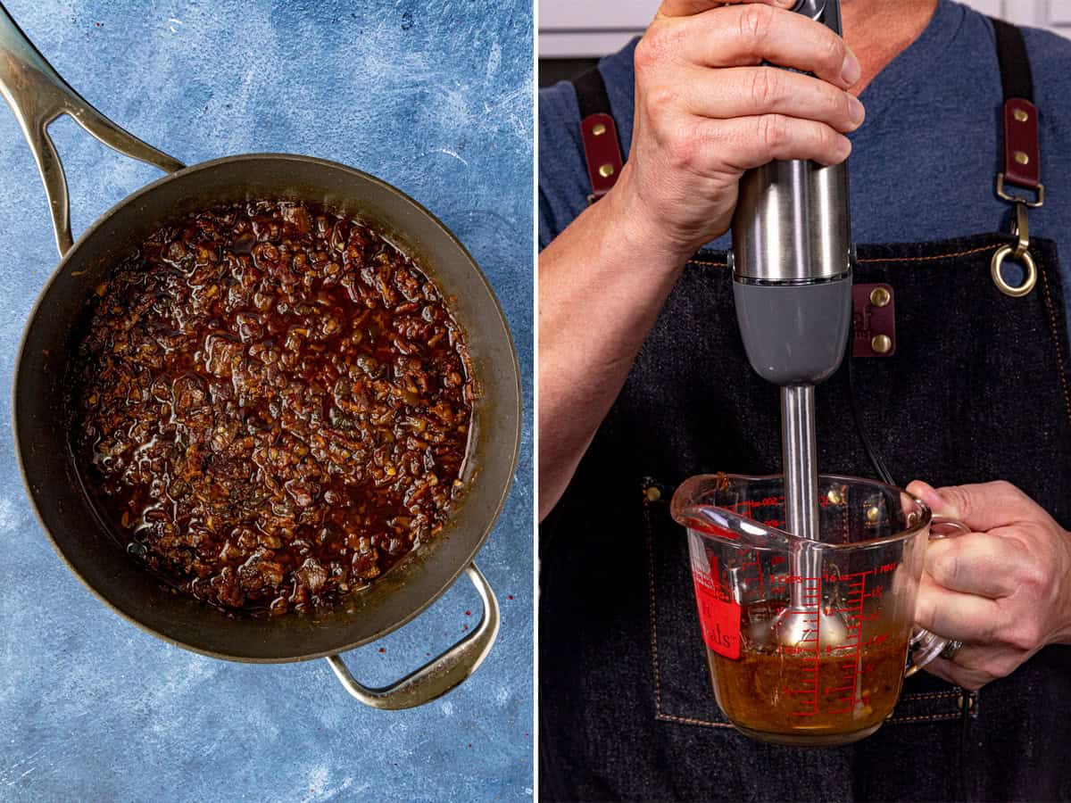 Processing bacon jam with a stick blender to make it more spreadable