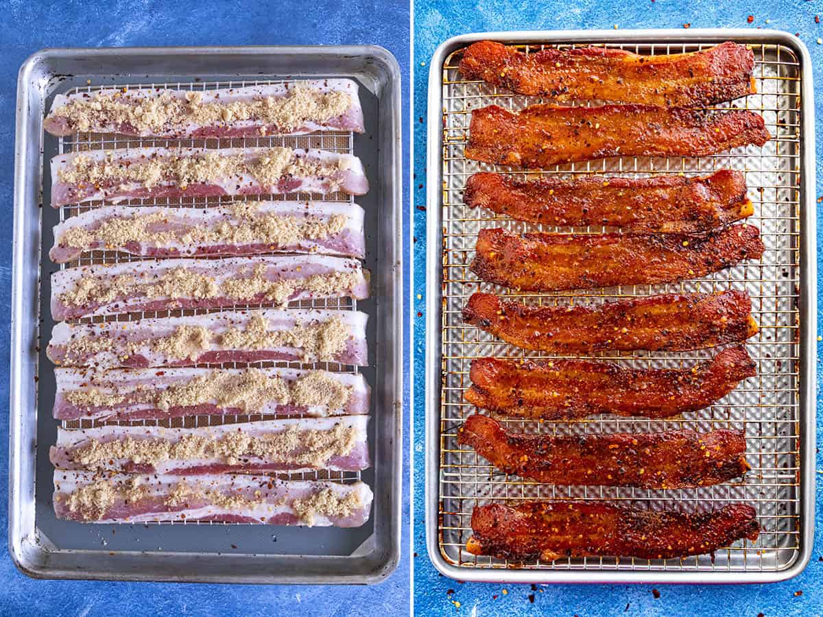 Pieces of bacon on a baking sheet covered with brown sugar and spices, then freshly baked to make candied bacon