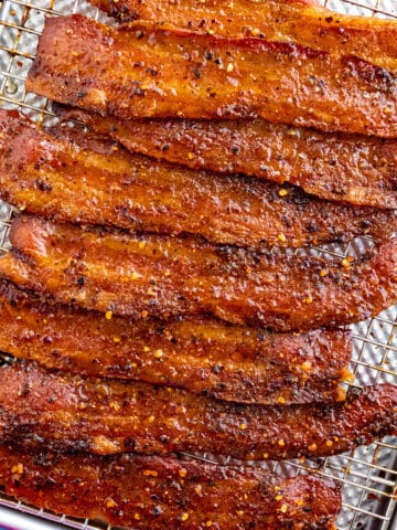 A baking sheet filled with candied bacon