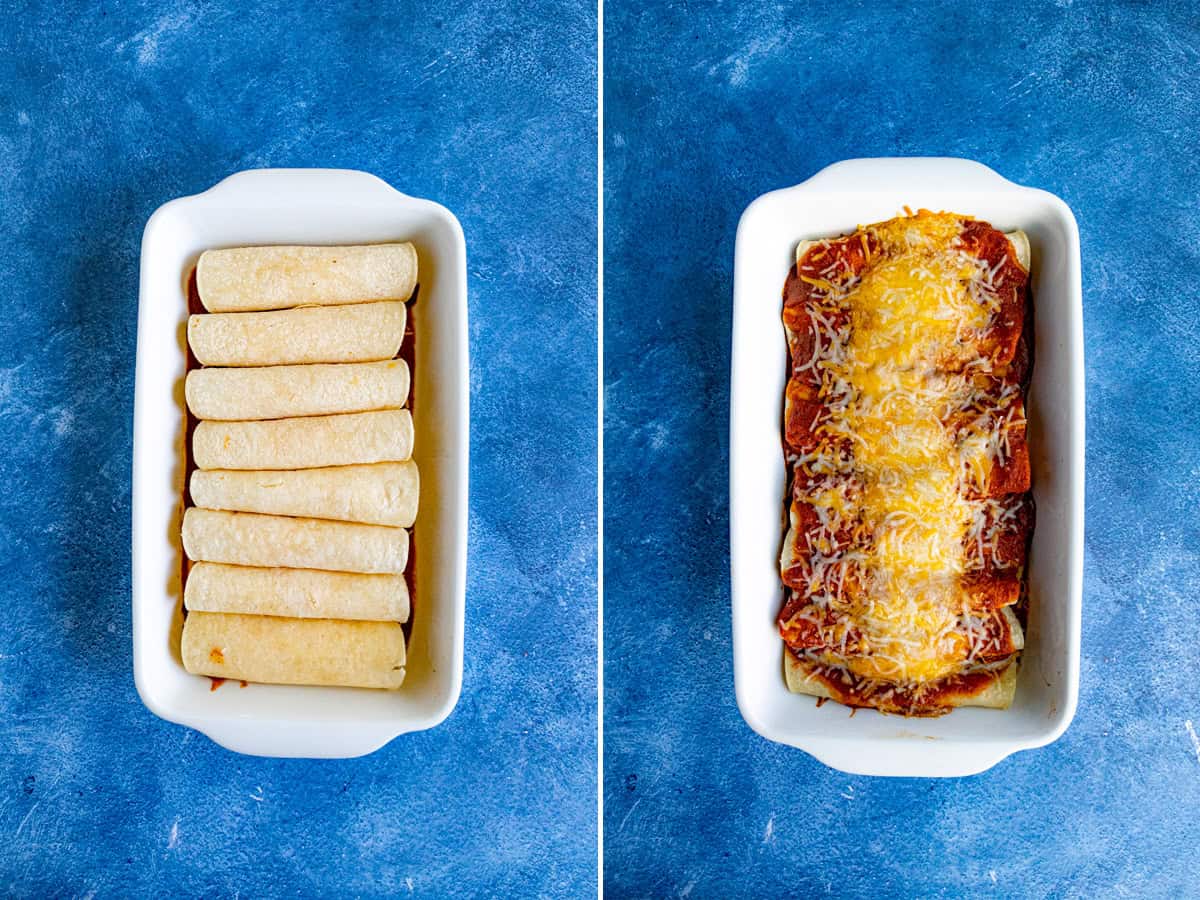 Assembling cheese enchiladas, placing them into a baking dish, then topping them with cheese and baking