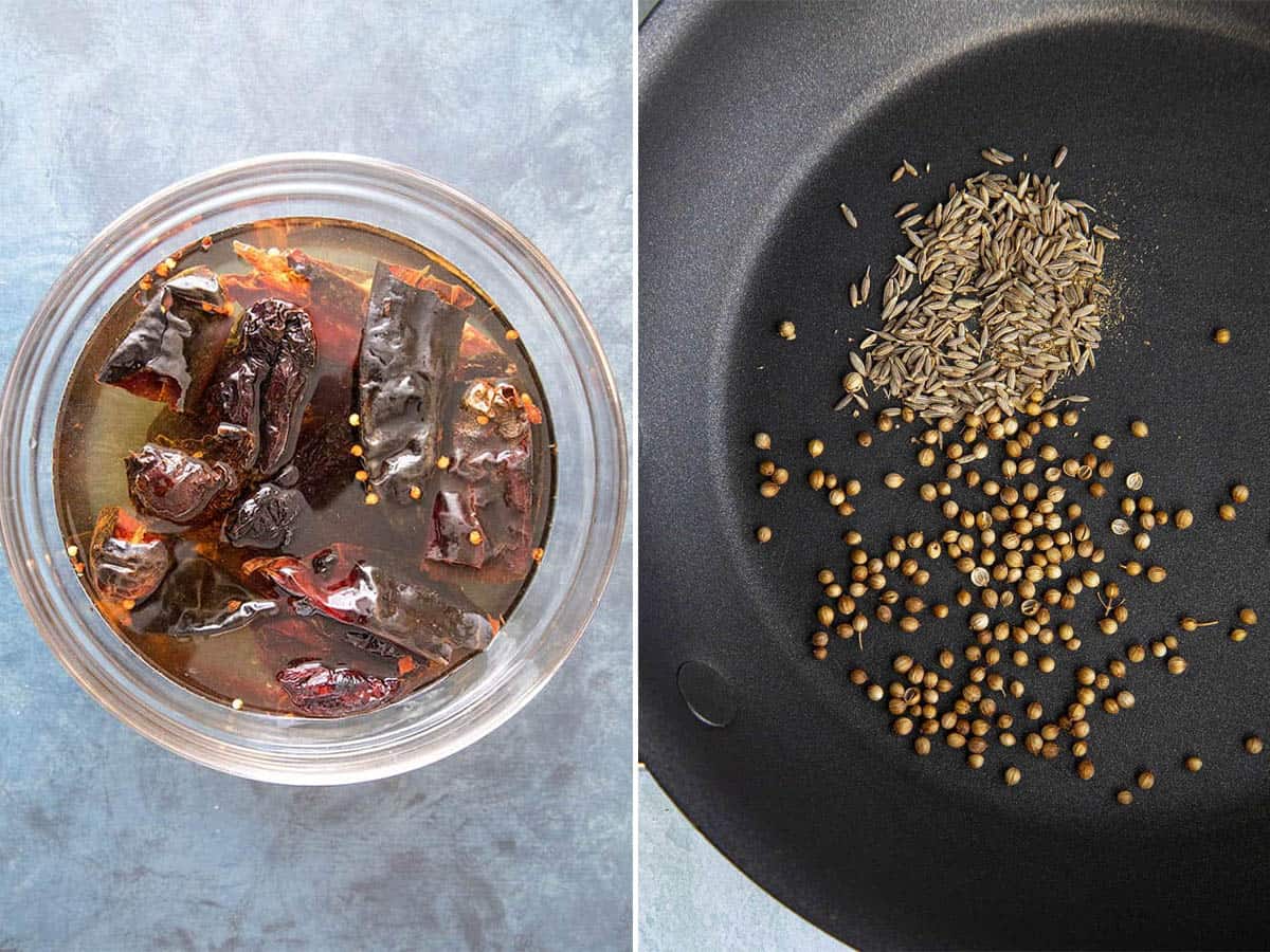 Softening dried chilies in hot water and toasting seeds to make homemade harissa paste