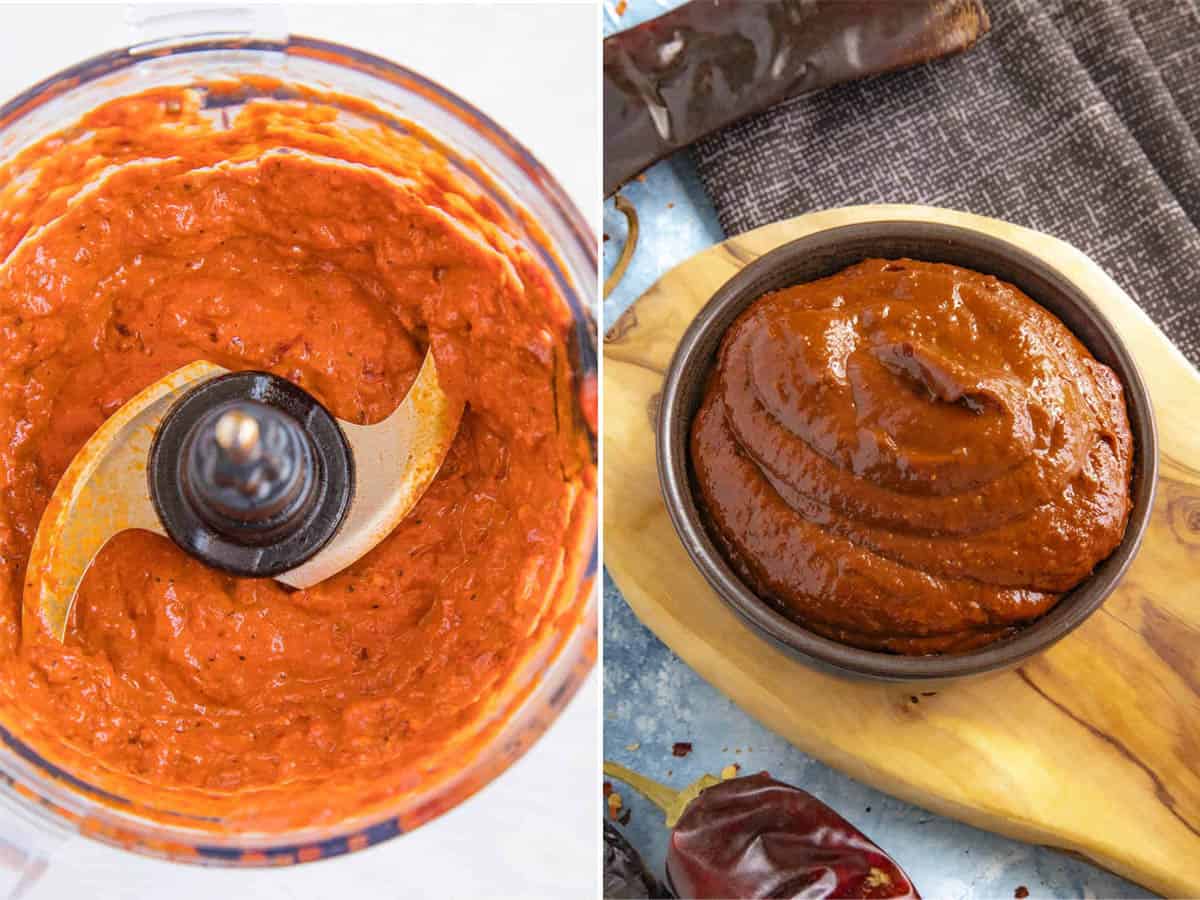 Homemade Harissa Paste processed in a food processor, then added to a bowl