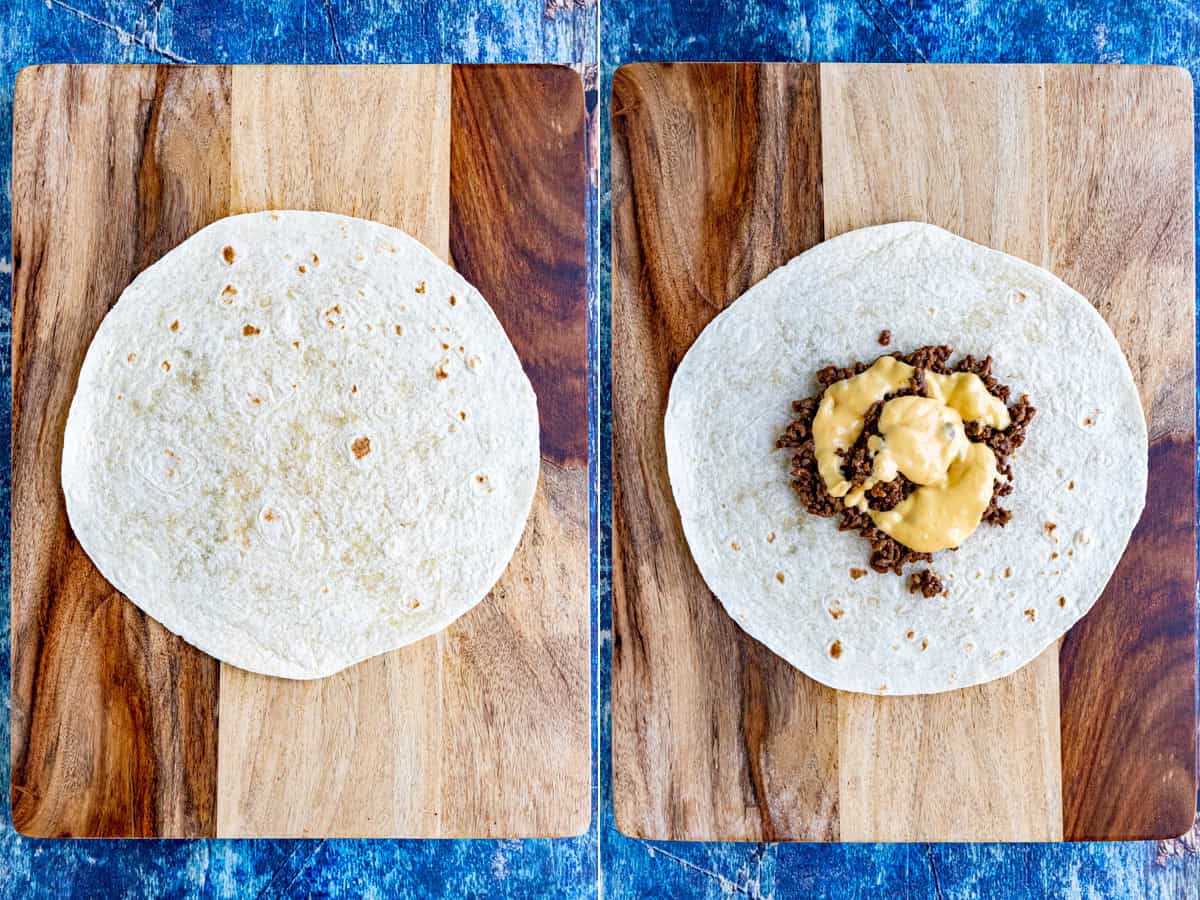 Layering taco meat and nacho cheese onto a large flour tortilla to make a Homemade Crunchwrap Supreme