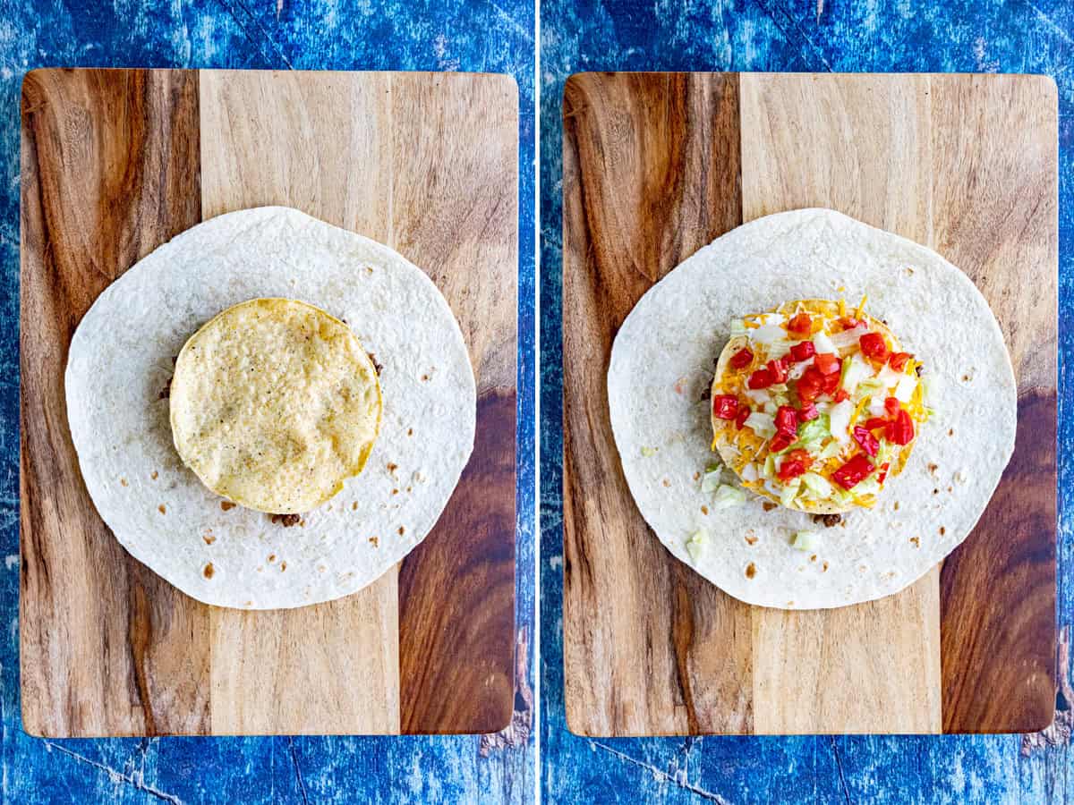 Layering a crispy tostada shell, lettuce, and tomato onto a large flour tortilla to make a Homemade Crunchwrap Supreme