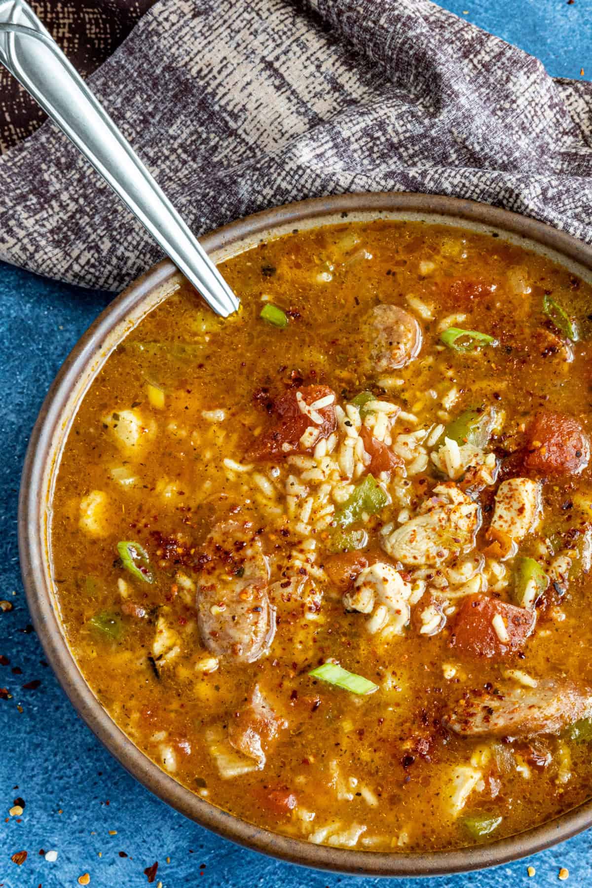 A bowl of Jambalaya Soup with lots of chicken and andouille sausage